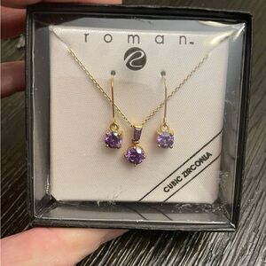 Roman Gold-Tone Necklace & Earring Set with Purple Cubic Zirconia